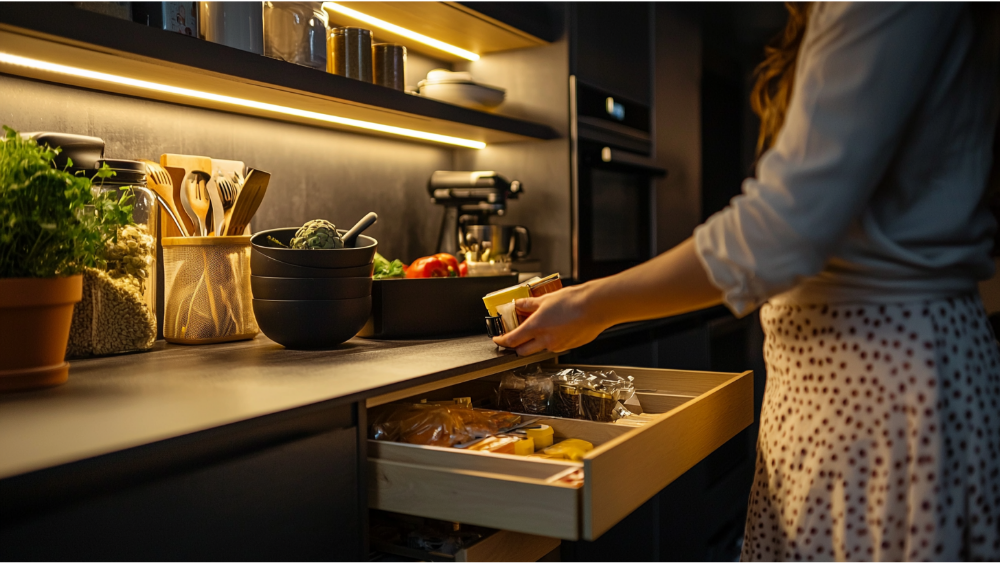 A Woman Grabbing An Item From Her Kitchen Cabinets