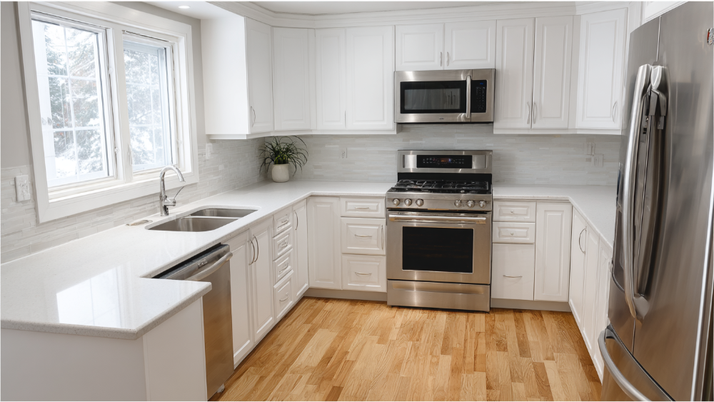 Bright U-Shaped Kitchen With White Cabinetry, Stainless Steel Appliances, And Light Hardwood Flooring Near A Large Window