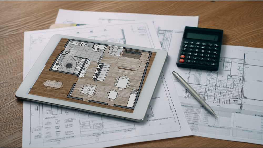Tablet Displaying A 3D Kitchen Floor Plan On Top Of Printed Architectural Blueprints, With A Calculator And Pen Nearby On A Wooden Desk.