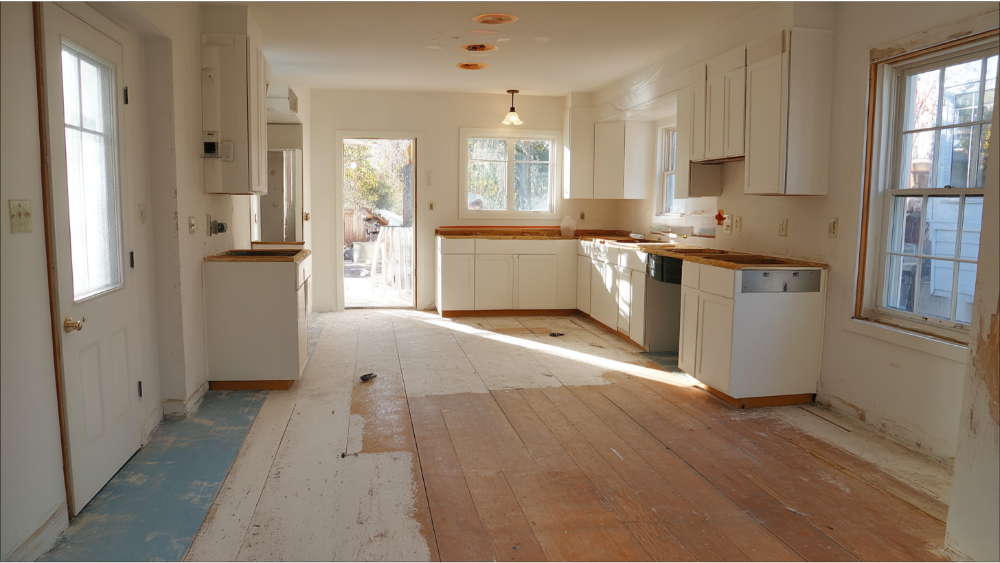How Long Does A Kitchen Remodel Take In 2025? Partially Remodeled Kitchen With White Cabinets, Unfinished Countertops, And Exposed Subflooring, Natural Light Coming Through Windows And A Back Door.