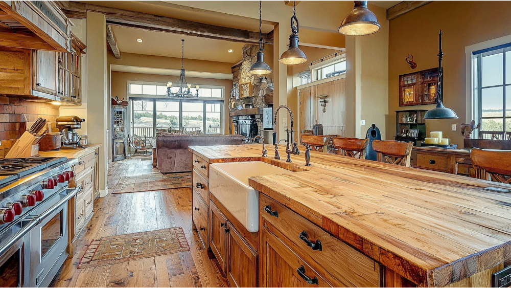 Rustic farmhouse kitchen with a wooden butcher block island, apron-front sink, and exposed beam ceiling.