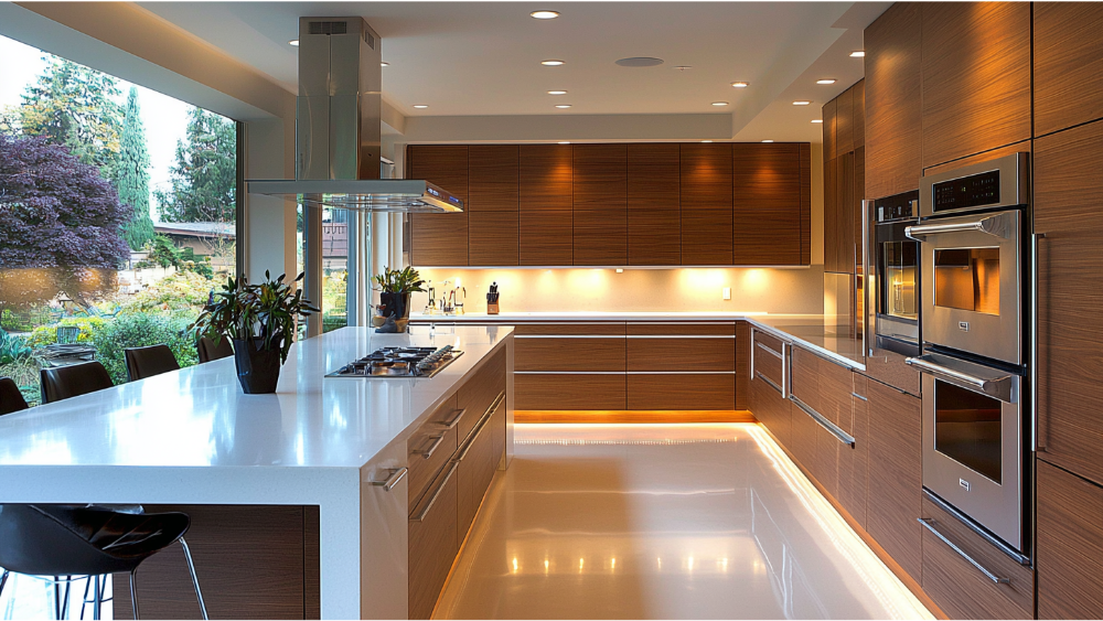 Sleek modern kitchen featuring a white quartz countertop, flat-panel wood cabinets, and stainless steel appliances.