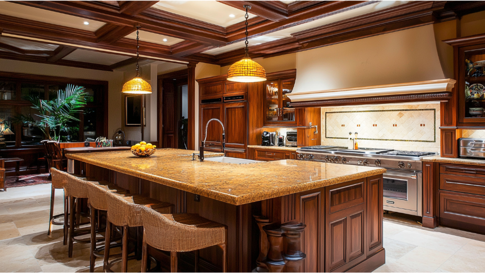 Warm, traditional kitchen with a large granite island countertop, wooden cabinetry, and pendant lighting overhead.