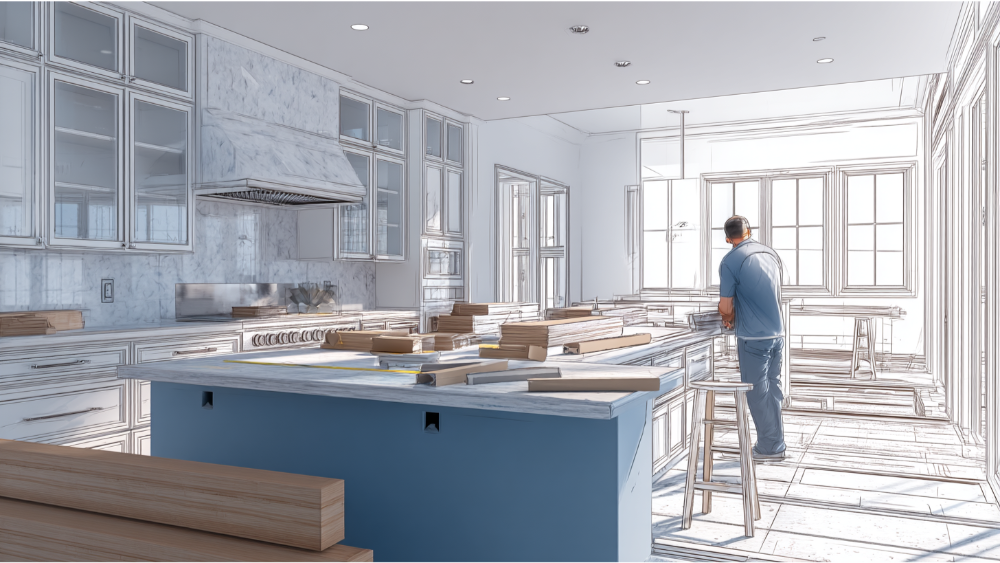 Digital Rendering Of A Modern Kitchen Under Construction, With A Contractor In A Partially Sketched Environment, Showcasing Progress And Cabinetry Layout.