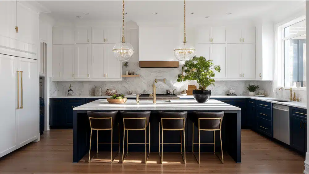 Chic Kitchen With Navy Base Cabinets, White Uppers, Marble Countertops, Gold Hardware, And Pendant Globe Lights Over A Central Island.