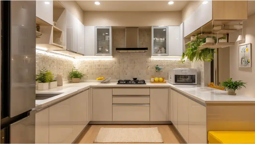 Compact U-Shaped Kitchen With White High-Gloss Cabinets, Soft Under-Cabinet Lighting, Indoor Plants, And Warm Wood-Tone Flooring.