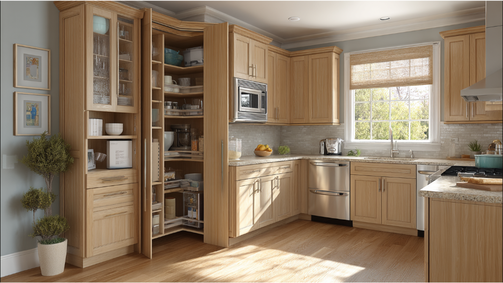 Traditional Kitchen With Light Wood Cabinets, Built-In Pantry Storage, Stainless Steel Appliances, And Natural Light From A Large Window.