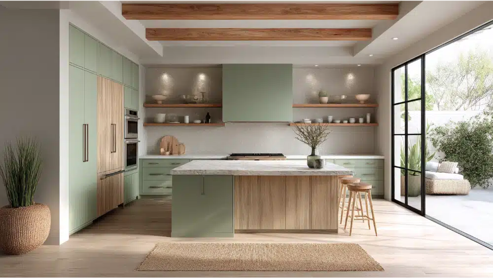 Two Tone Kitchen Cabinets: The 2025 Guide To A Bold, Stylish Kitchen Contemporary Kitchen Featuring Soft Green Cabinetry, Open Wood Shelving, Wood Beams, And Natural Light From Large Patio Doors.
