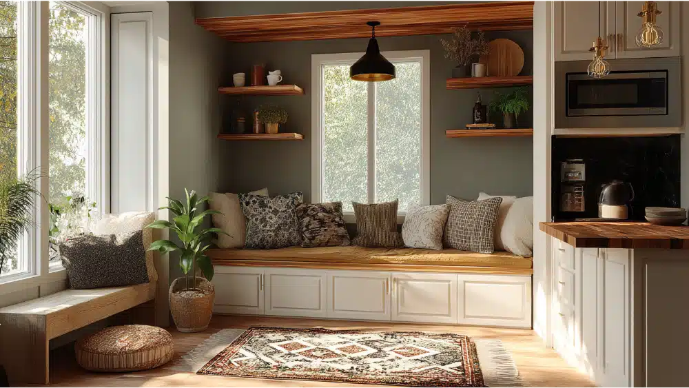 Cozy Kitchen Nook With A Built-In Bench, Throw Pillows, Floating Wood Shelves, Large Windows, And Natural Light Filling The Space.