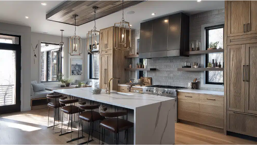Transitional Kitchen Featuring Light Wood Cabinetry, A Large Marble Island, Black Metal Range Hood, And Glass Pendant Lights Over The Bar Seating.