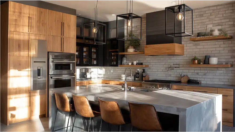 Industrial-Modern Kitchen With Wood Cabinetry, Exposed Brick Backsplash, Open Shelving, And A Concrete Island With Leather Stools.