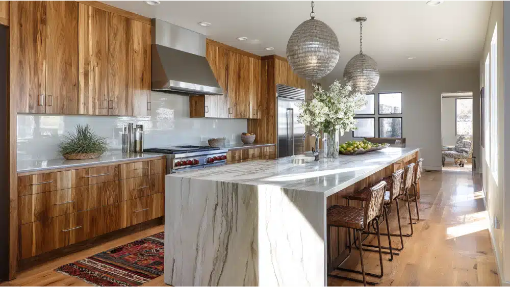 Contemporary Kitchen Featuring Glossy Wood Cabinets, A Waterfall-Edge Marble Island, Large Statement Pendant Lights, And Stainless Steel Appliances.
