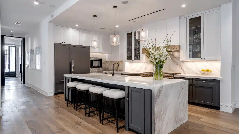 Two Tone Kitchen Cabinets: The 2025 Guide To A Bold, Stylish Kitchen Luxury Kitchen With White Upper Cabinets, Charcoal Gray Lower Cabinets, A Waterfall Marble Island, And Modern Pendant Lighting.