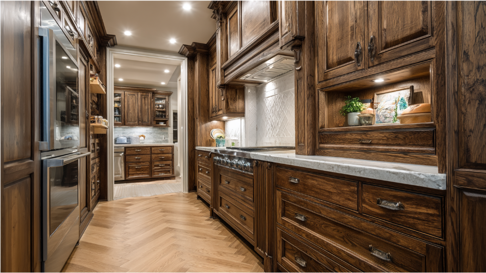 Traditional Kitchen Featuring Rich Wood Cabinetry, Marble Countertops, And Detailed Crown Molding With A Warm, Elegant Atmosphere.