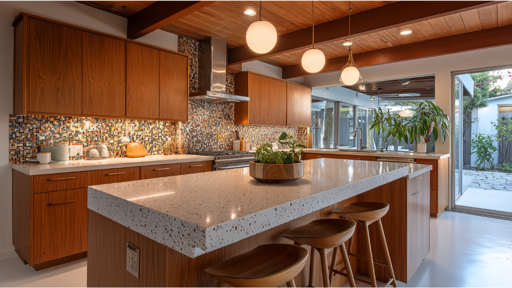 Mid-Century Modern Kitchen With Flat Wood Cabinets, Terrazzo-Style Countertops, Colorful Mosaic Backsplash, And Globe Pendant Lighting.