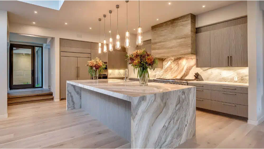 Modern Kitchen With A Large Marble Waterfall Island, Sleek Wood Cabinetry, Dramatic Stone Backsplash, And Pendant Lighting.