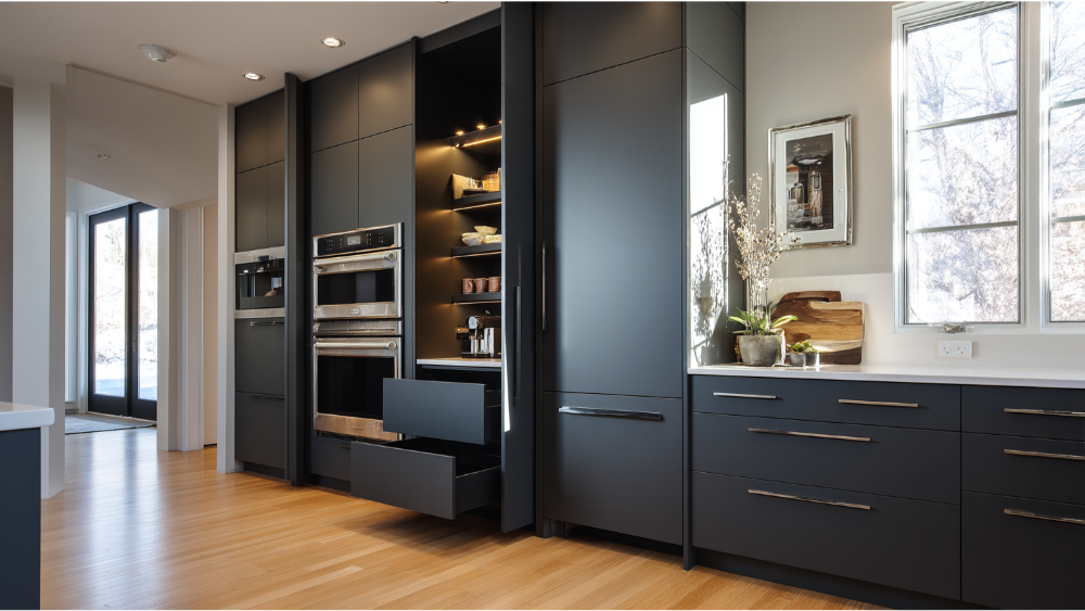 Modern Kitchen With Matte Black Cabinets, Built-In Stainless Steel Appliances, And Pull-Out Drawers In A Sleek, Minimalist Design.