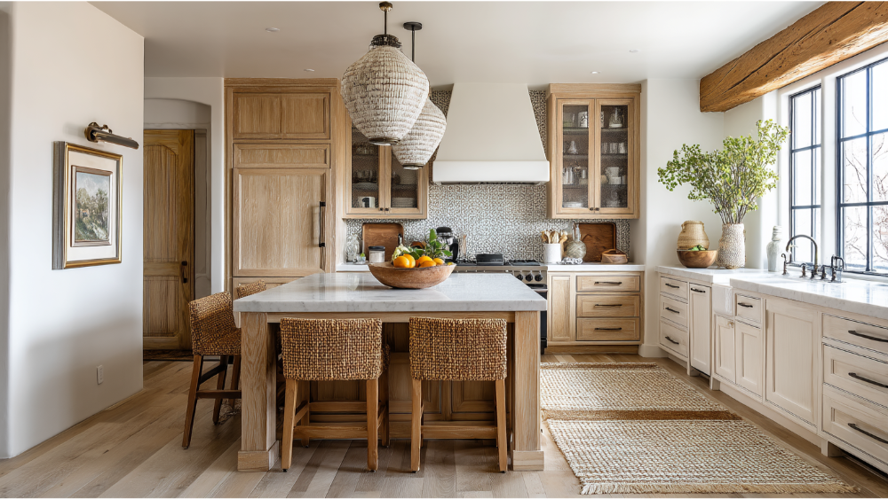 Rustic Modern Kitchen With Natural Wood Cabinetry, White Countertops, Woven Stools, And A Farmhouse Sink Beneath Black-Framed Windows.