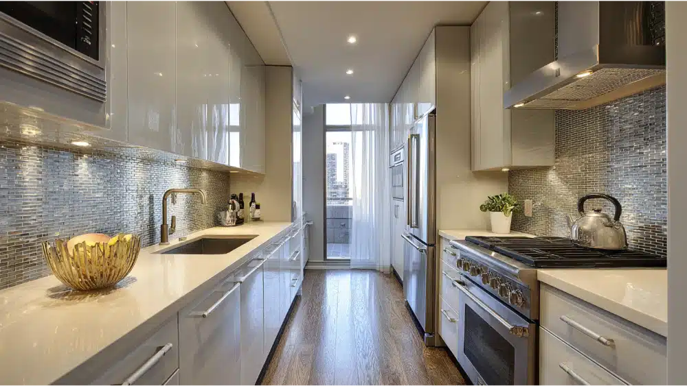 Contemporary Galley Kitchen With Glossy White Cabinets, Mosaic Backsplash, Under-Cabinet Lighting, And Stainless Steel Appliances.