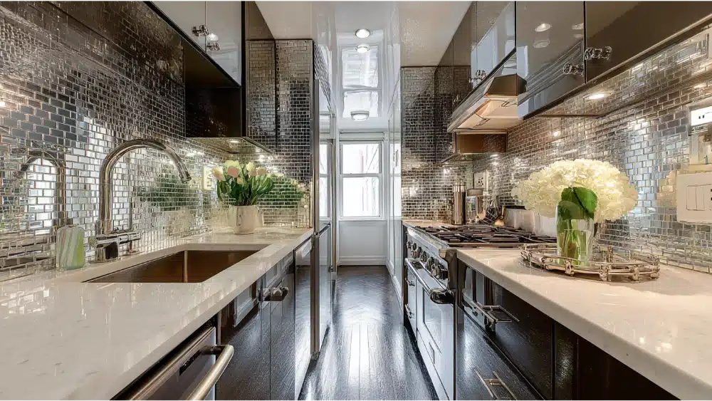 Glamorous Galley Kitchen Featuring Mirrored Tile Backsplash, High-Gloss Cabinets, White Marble Countertops, And Polished Chrome Fixtures.