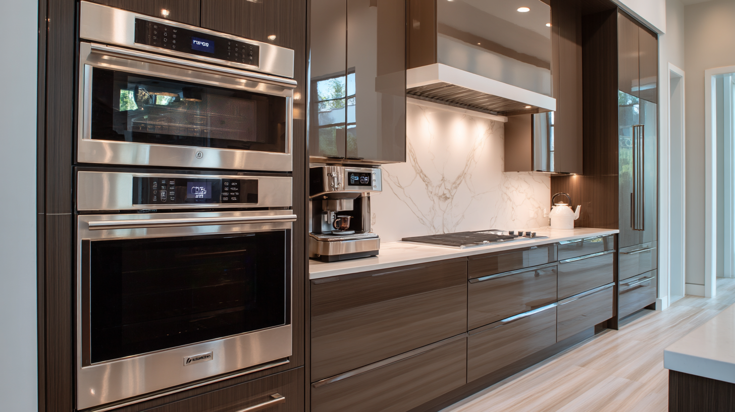 Contemporary kitchen with built-in espresso machine, wall oven, and glossy cabinetry.