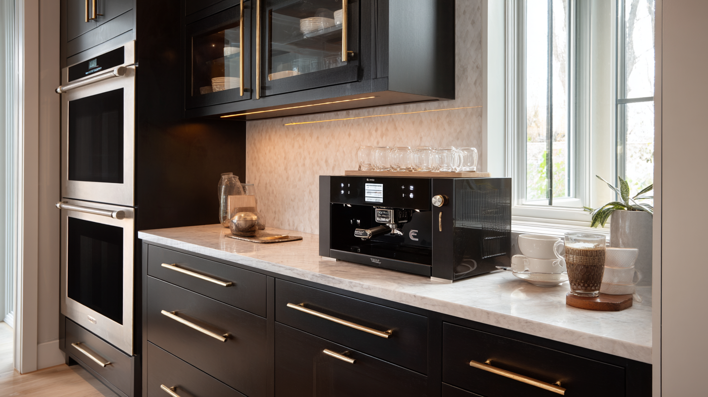 Built-in espresso machine on a marble countertop with dark cabinetry and glass-front cabinets.