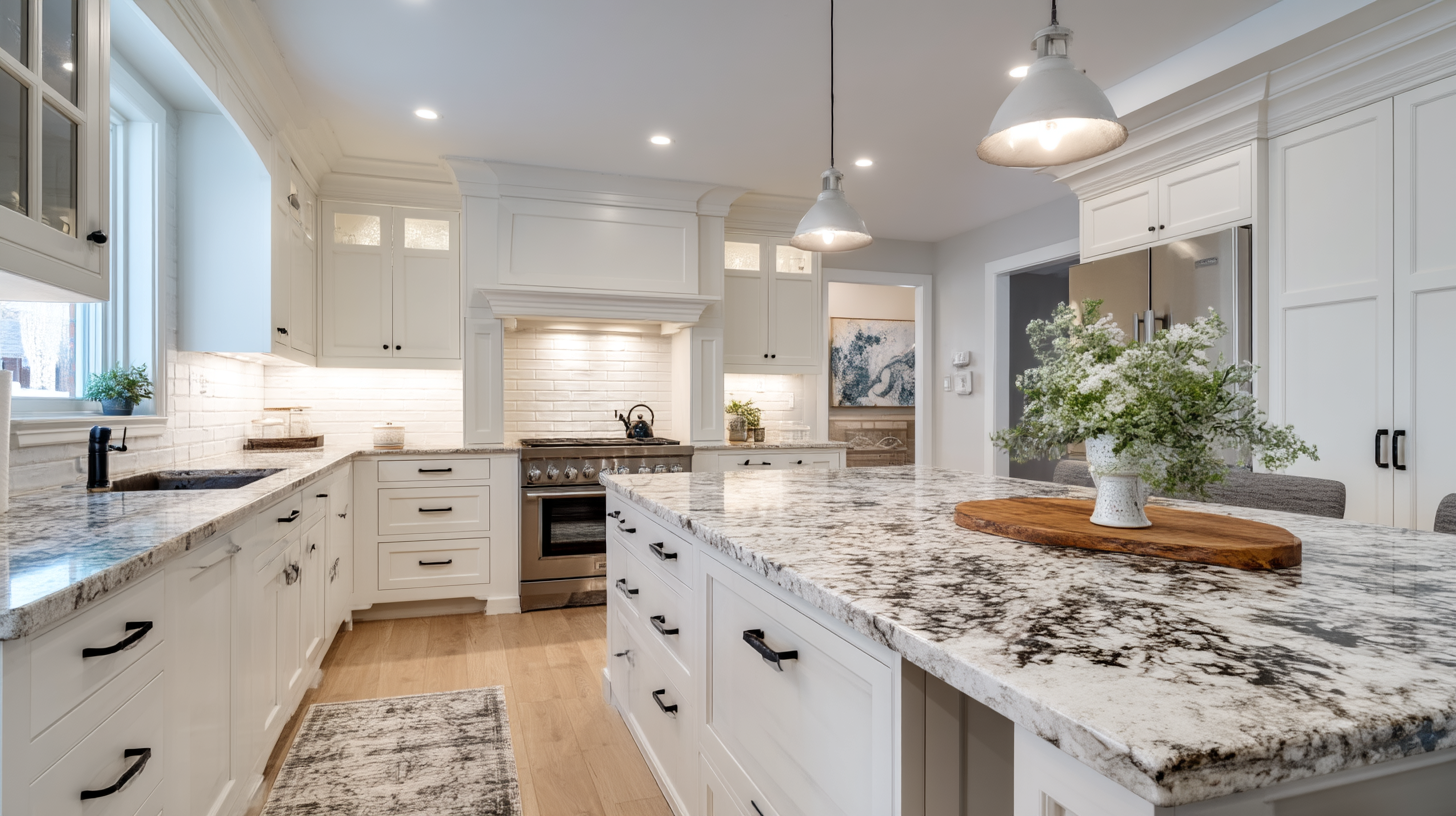 Classic White Kitchen Cabinets With Black Hardware And Granite Countertops