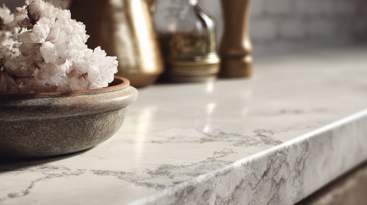 Close-up of a quartz countertop edge with subtle veining and decorative items on top.