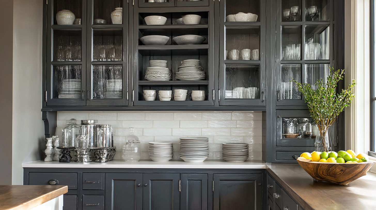 Dark Gray Kitchen Cabinets With Glass Upper Cabinets And White Backsplash