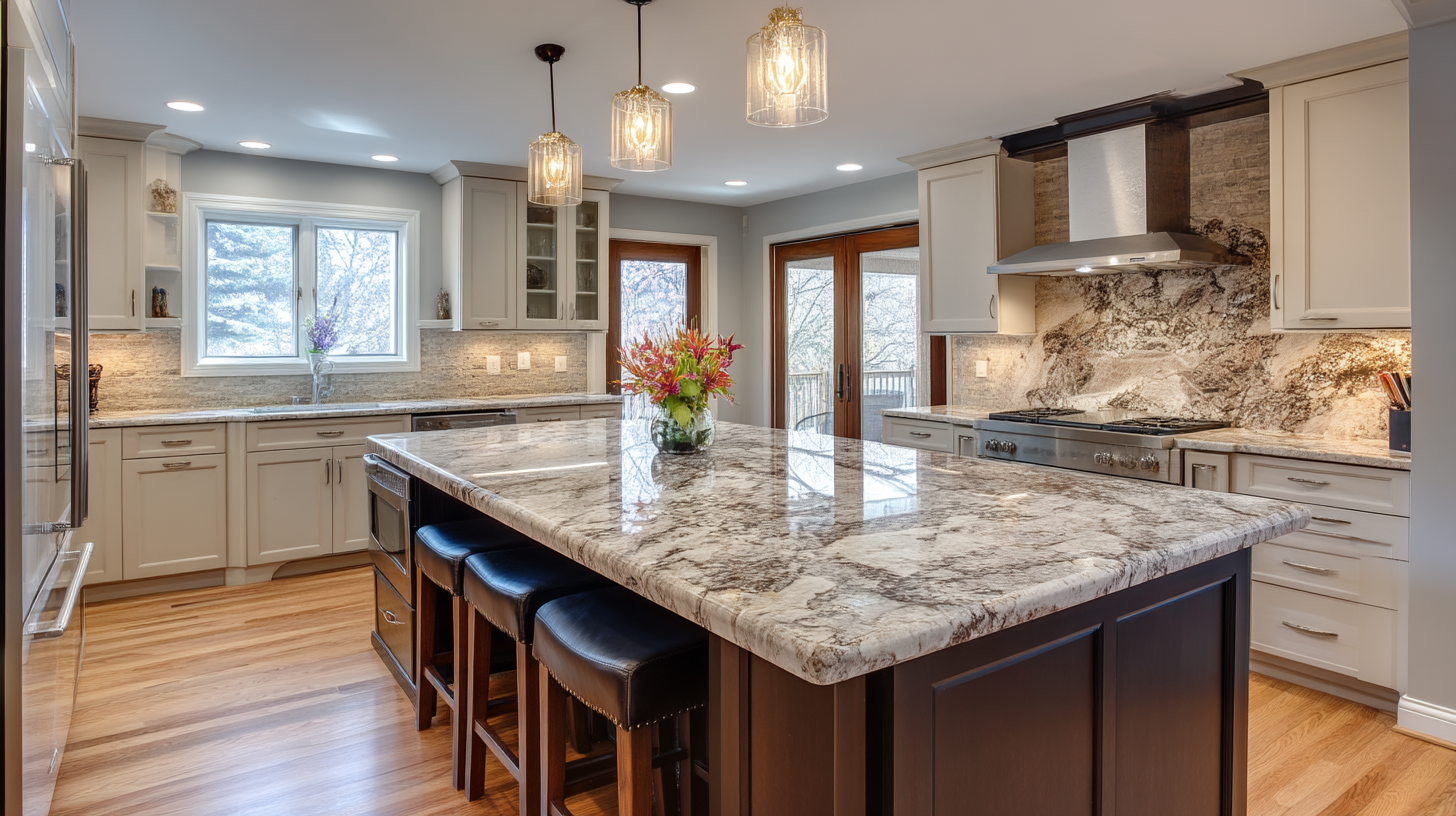 Contemporary kitchen with a large quartz island, pendant lighting, and white cabinets.