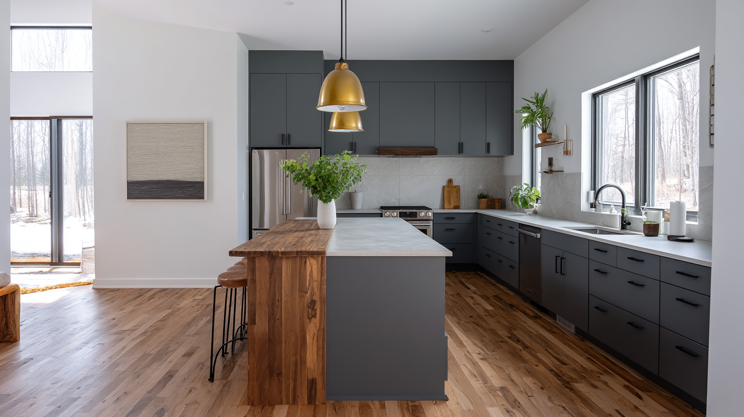 Kitchen Cabinet And Wood Floor Combinations: 15 Inspiring Ideas For A Cohesive Look Modern Kitchen With Gray Cabinets, Wooden Island, And Large Windows For Natural Light.