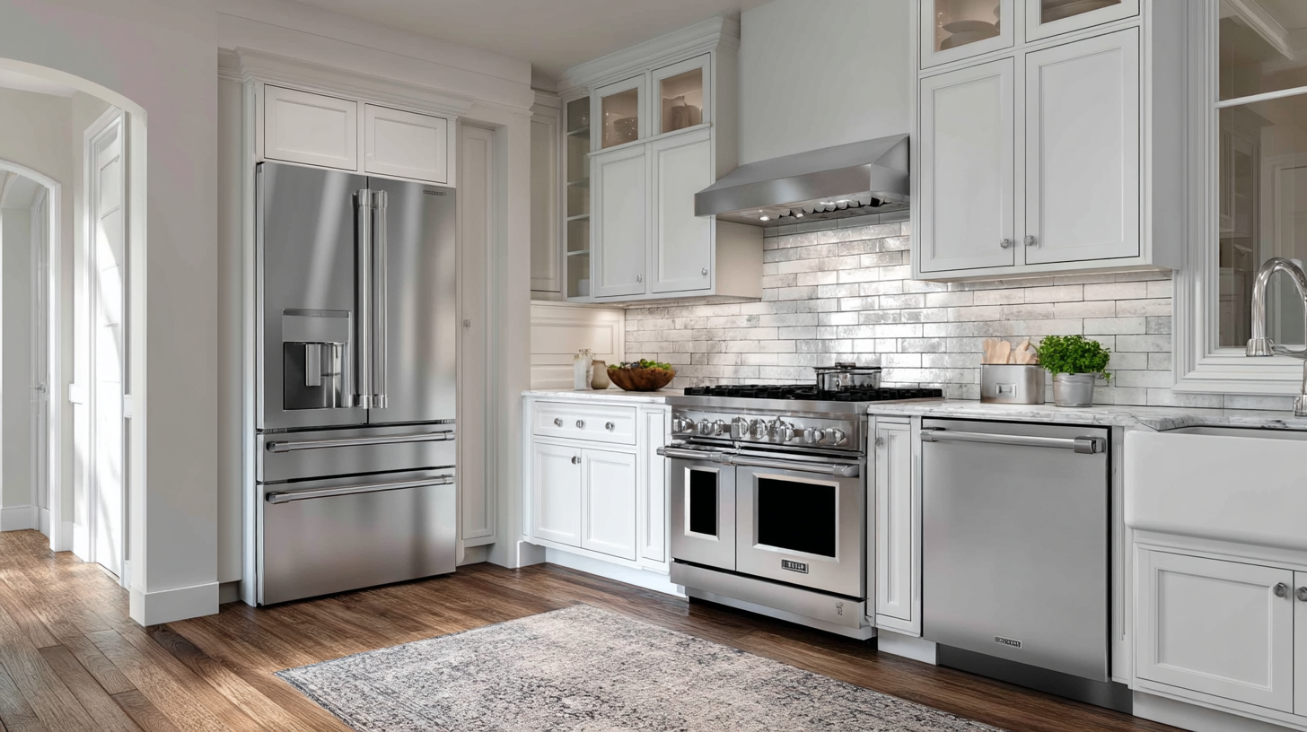 Kitchen with white cabinets, stainless steel appliances, and subway tile backsplash.