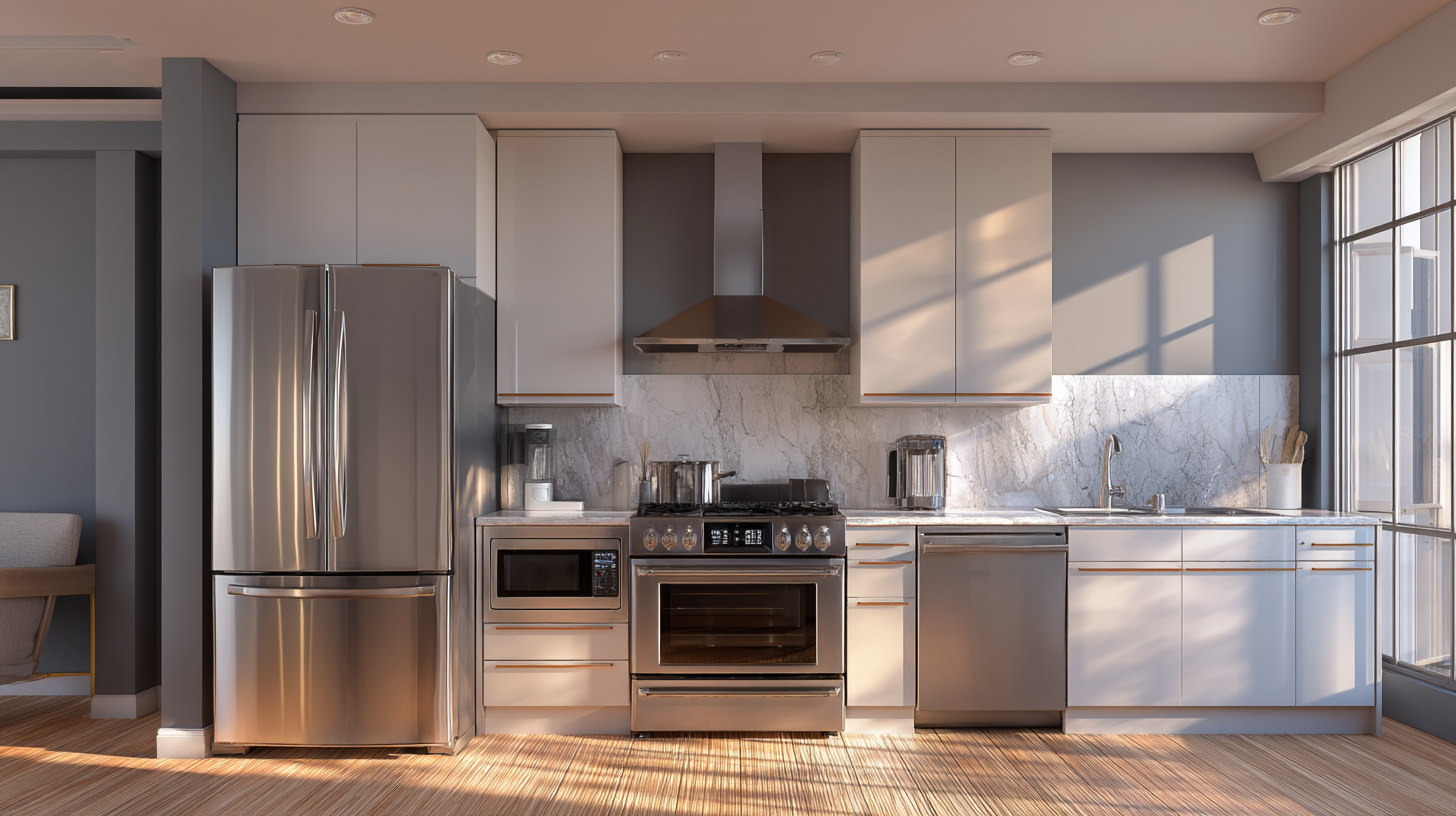 Modern kitchen with stainless steel refrigerator, oven, and white cabinetry.