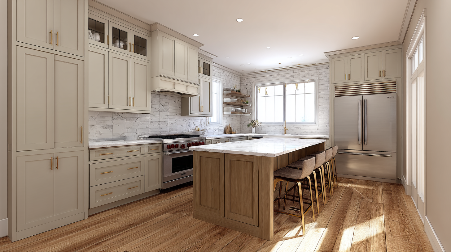 Spacious Kitchen With Beige Cabinetry And Large Island
