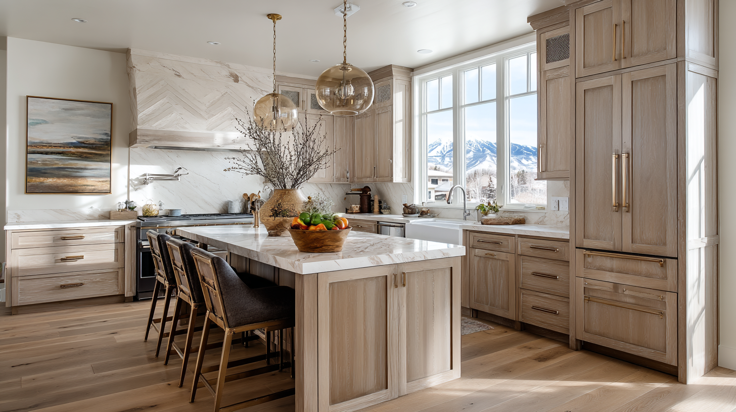 Semi Custom Kitchen Cabinets: The Smart Middle Ground For Style, Flexibility, Functional Space, And Value Modern Kitchen With Light Wood Cabinets, Marble Island, And Large Windows Showing Mountain Views.