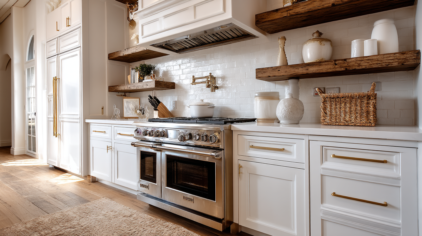 White Kitchen With Wood Shelves And Large Range
