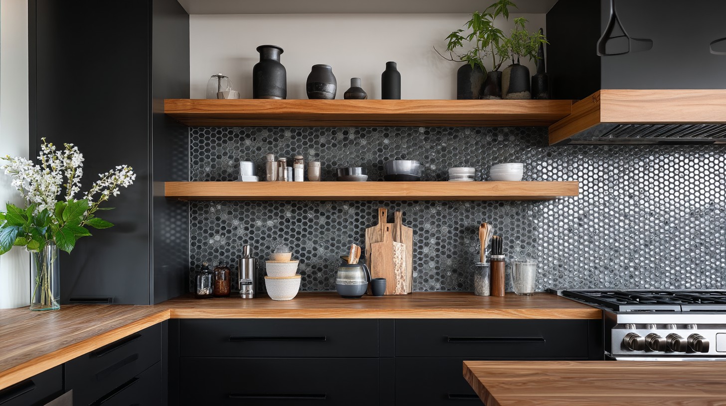 Matte Black Kitchen Cabinets With Wood Countertops And Open Shelves