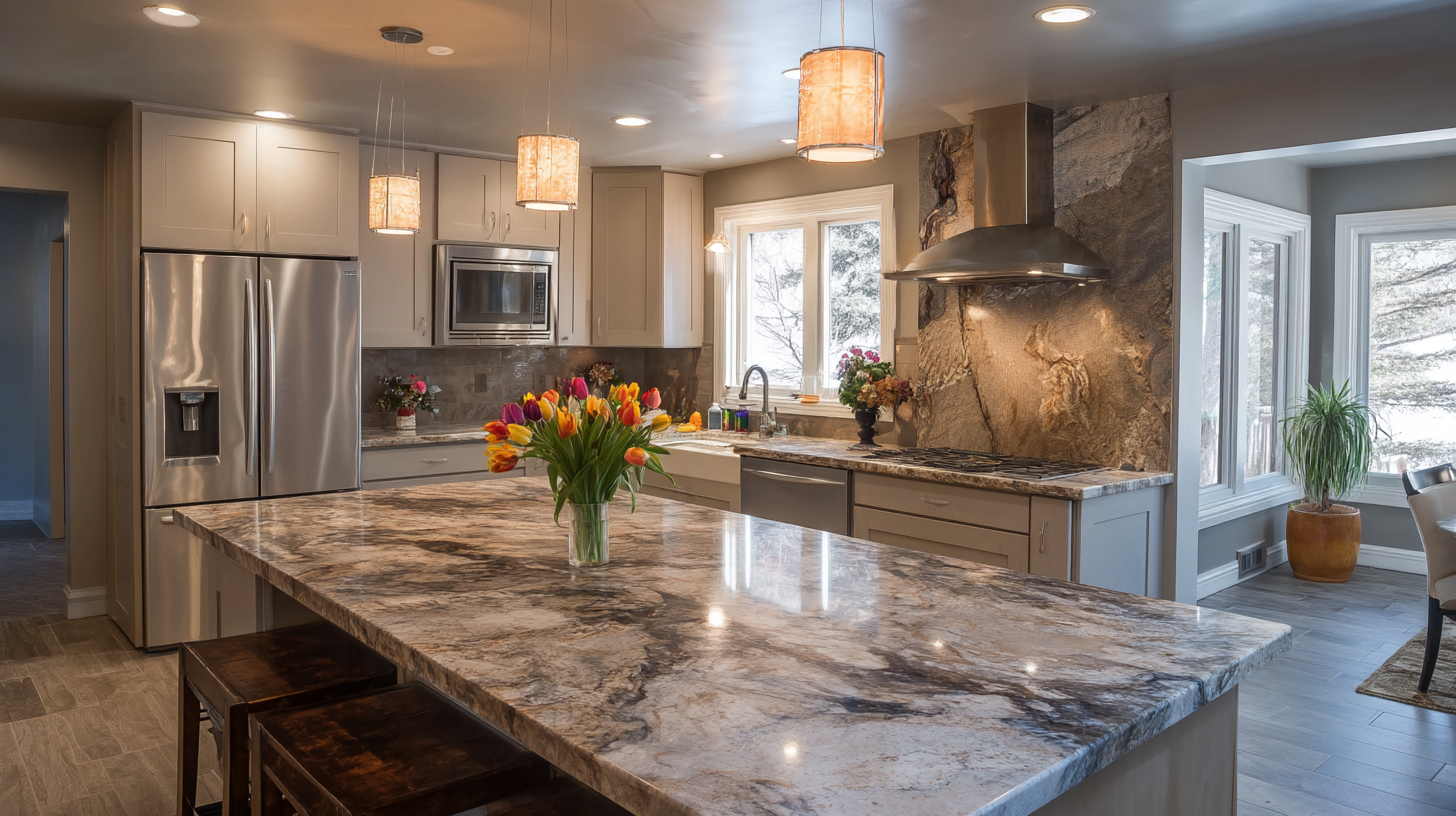 Modern kitchen with granite countertops, stainless steel appliances, and a vase of tulips.
