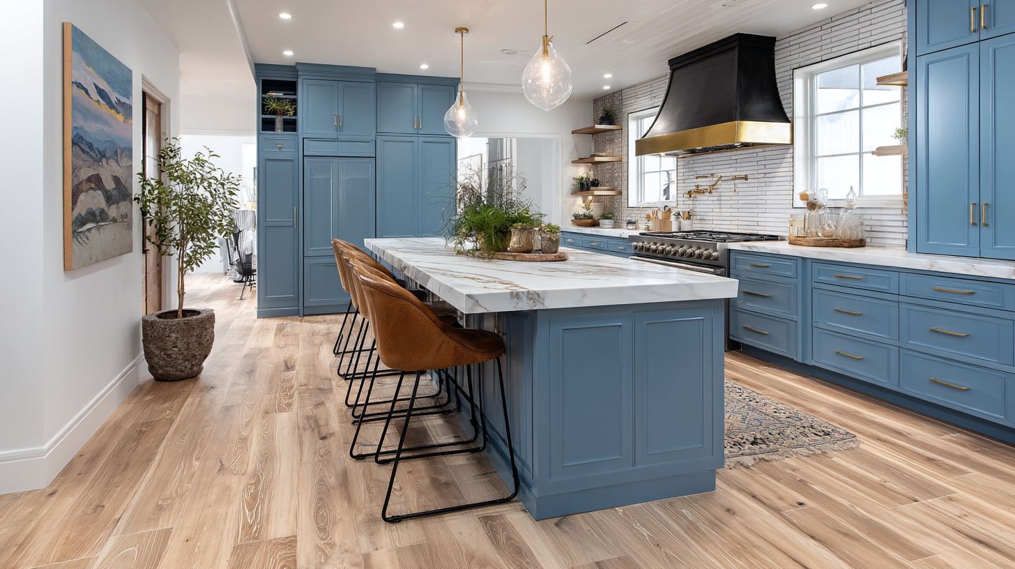 Kitchen Cabinet And Wood Floor Combinations: 15 Inspiring Ideas For A Cohesive Look Contemporary Kitchen With Blue Cabinets, Marble Island, And Brass Accents.