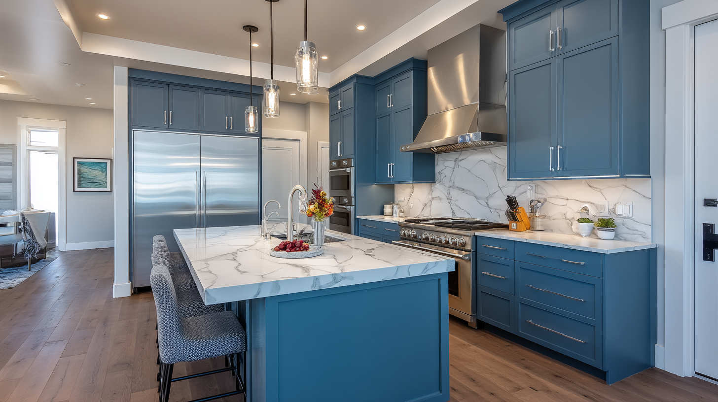 Contemporary Kitchen With Blue Cabinets And Marble Island