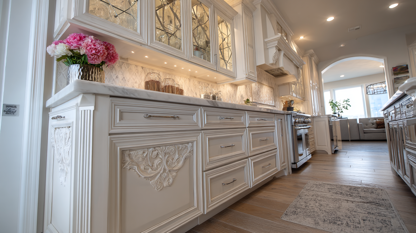 Semi Custom Kitchen Cabinets: The Smart Middle Ground For Style, Flexibility, Functional Space, And Value Elegant Kitchen With Ornate White Cabinets, Glass Doors, And Decorative Detailing.