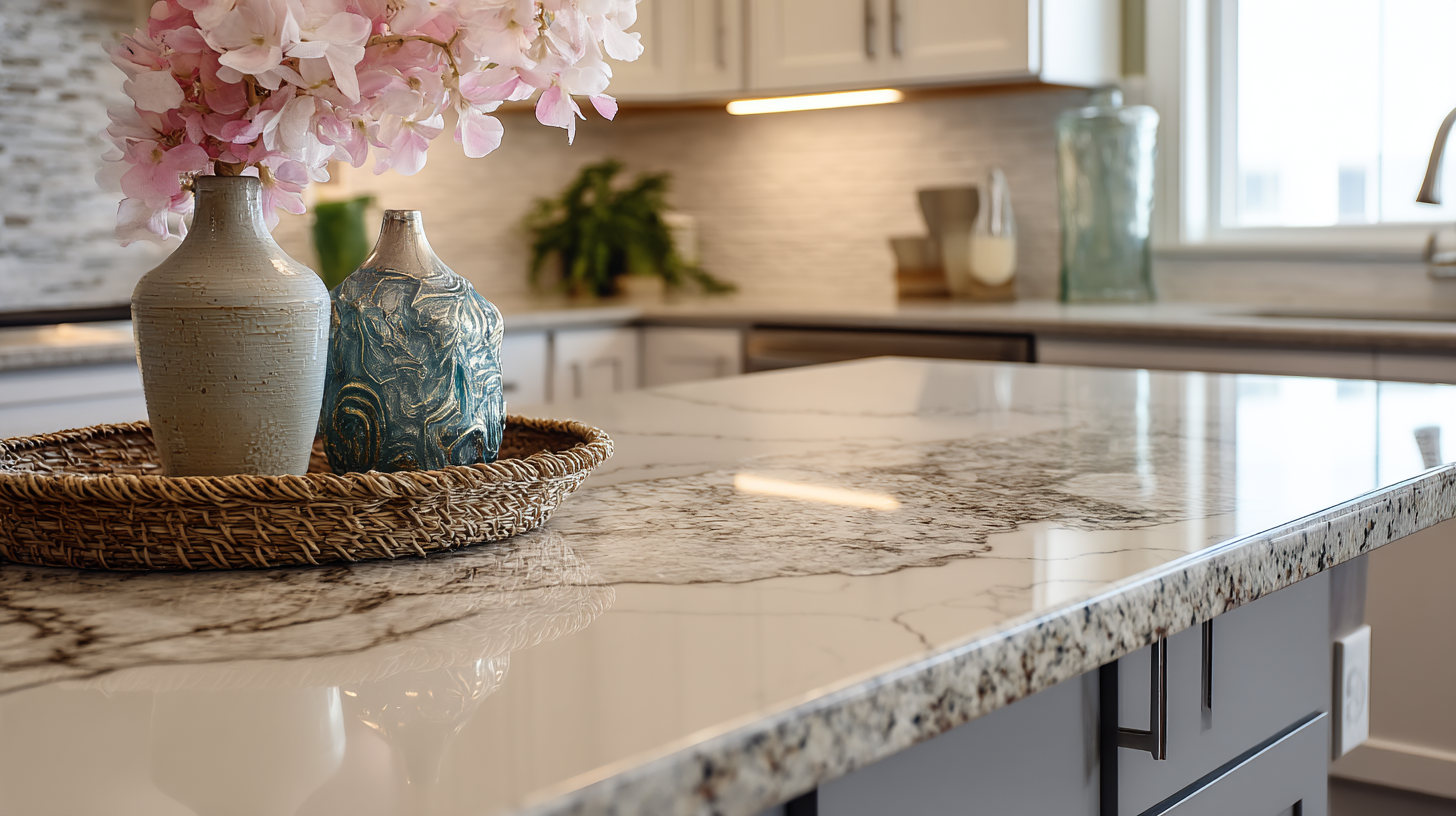 Close-up of a quartz countertop with decorative vases and pink flowers.