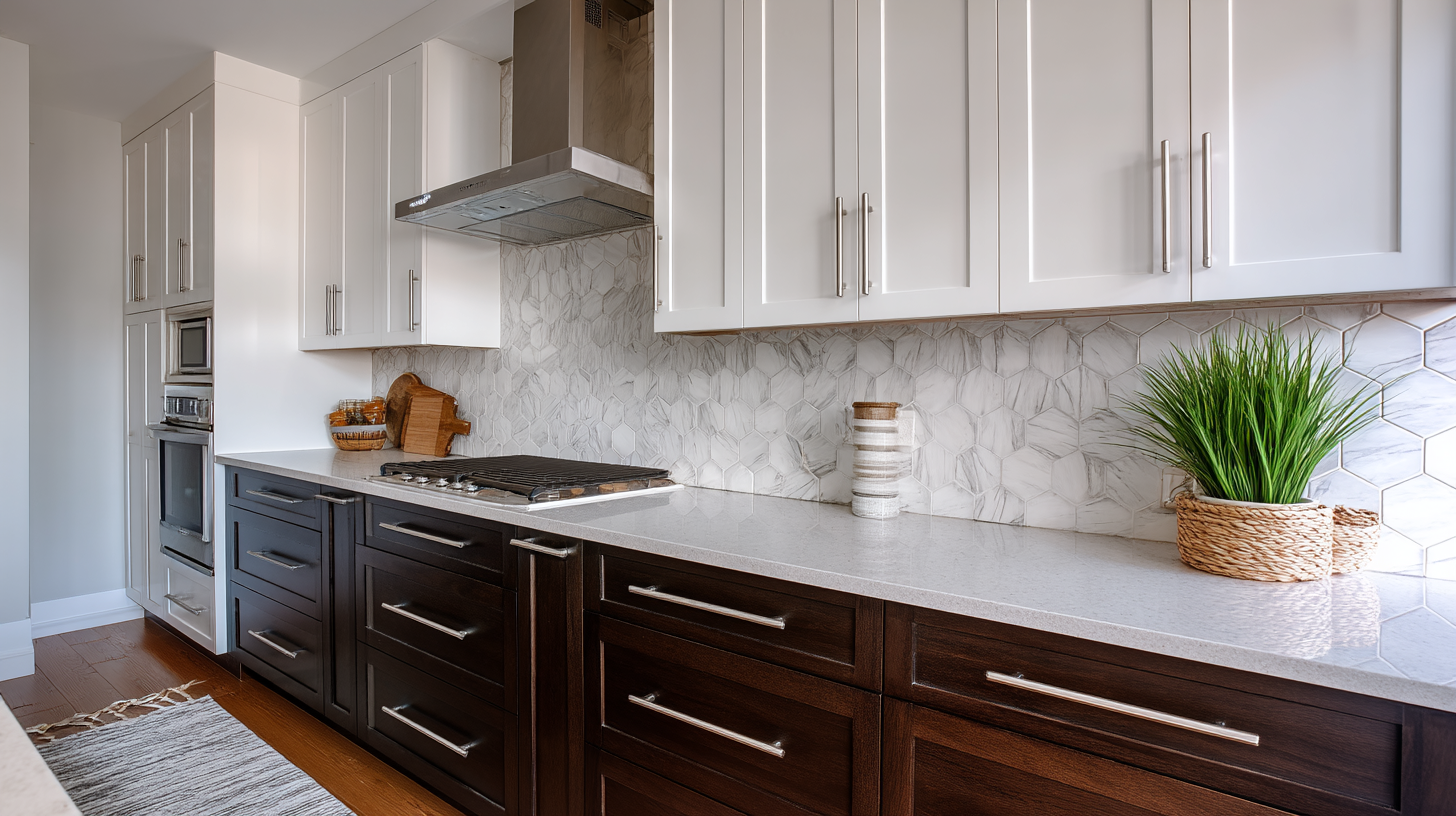 Two-Tone Kitchen With White And Dark Wood Cabinets