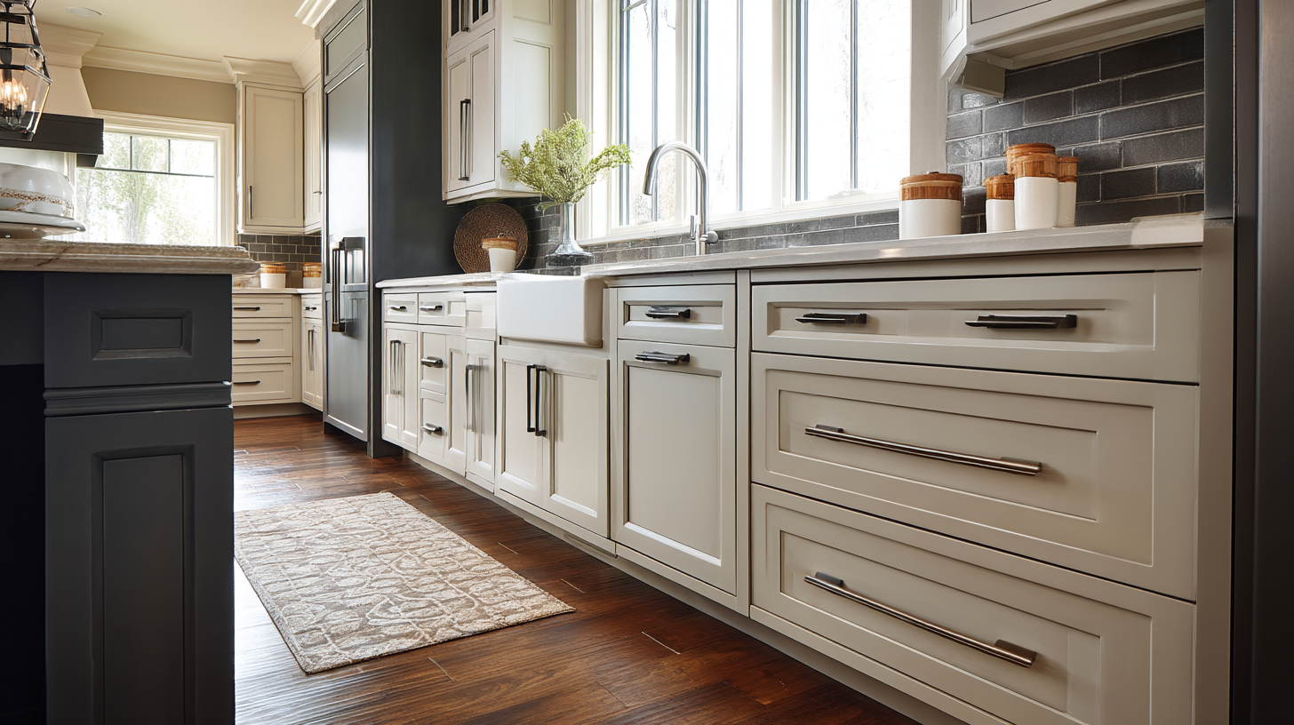 Bright Kitchen With Farmhouse Sink And Long Row Of Cabinets