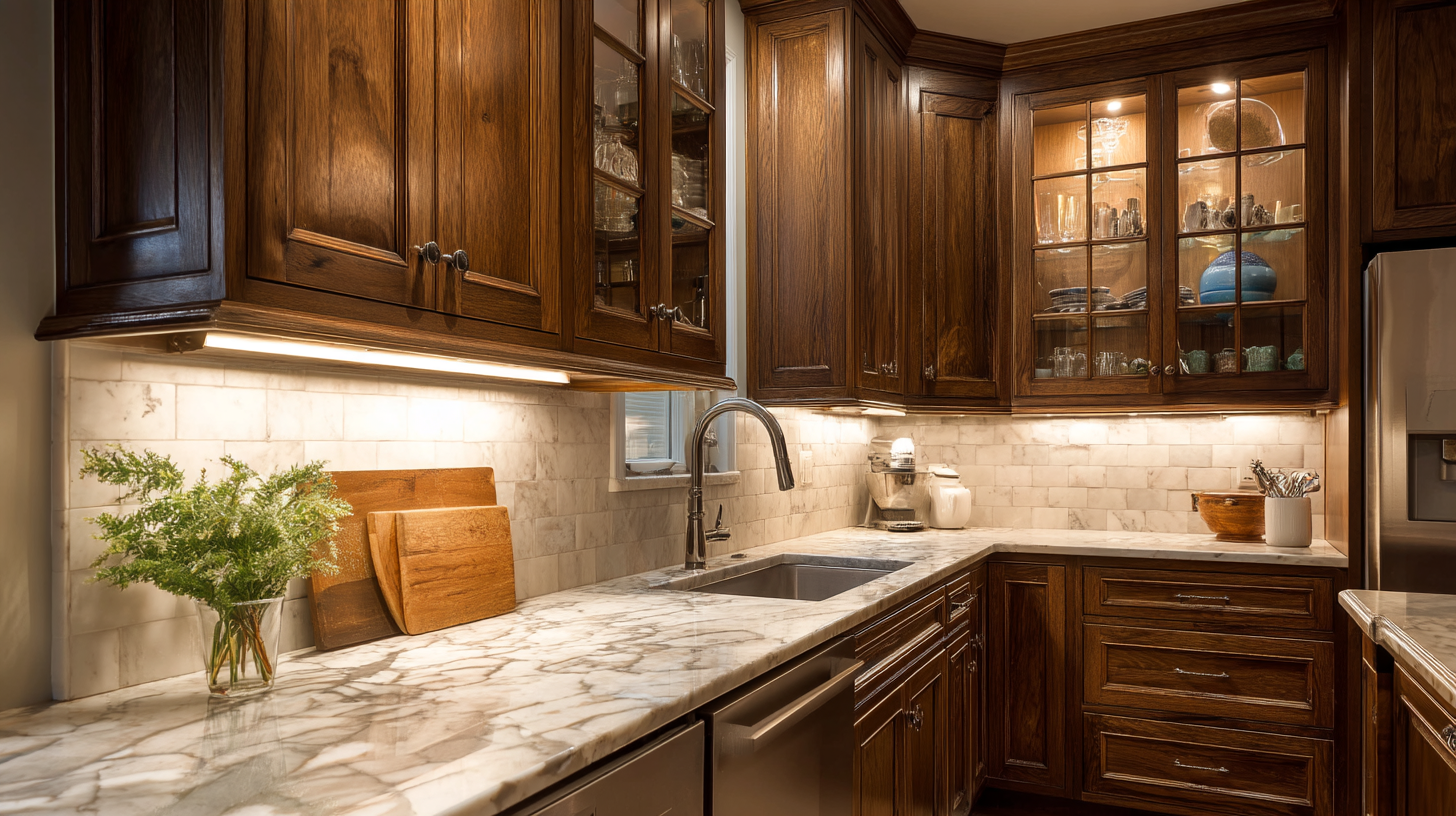 Standard Cabinet Depth: A Complete Guide To Standard Kitchen Cabinet Dimensions For 2025 Kitchen With Dark Wood Cabinets And Marble Countertops