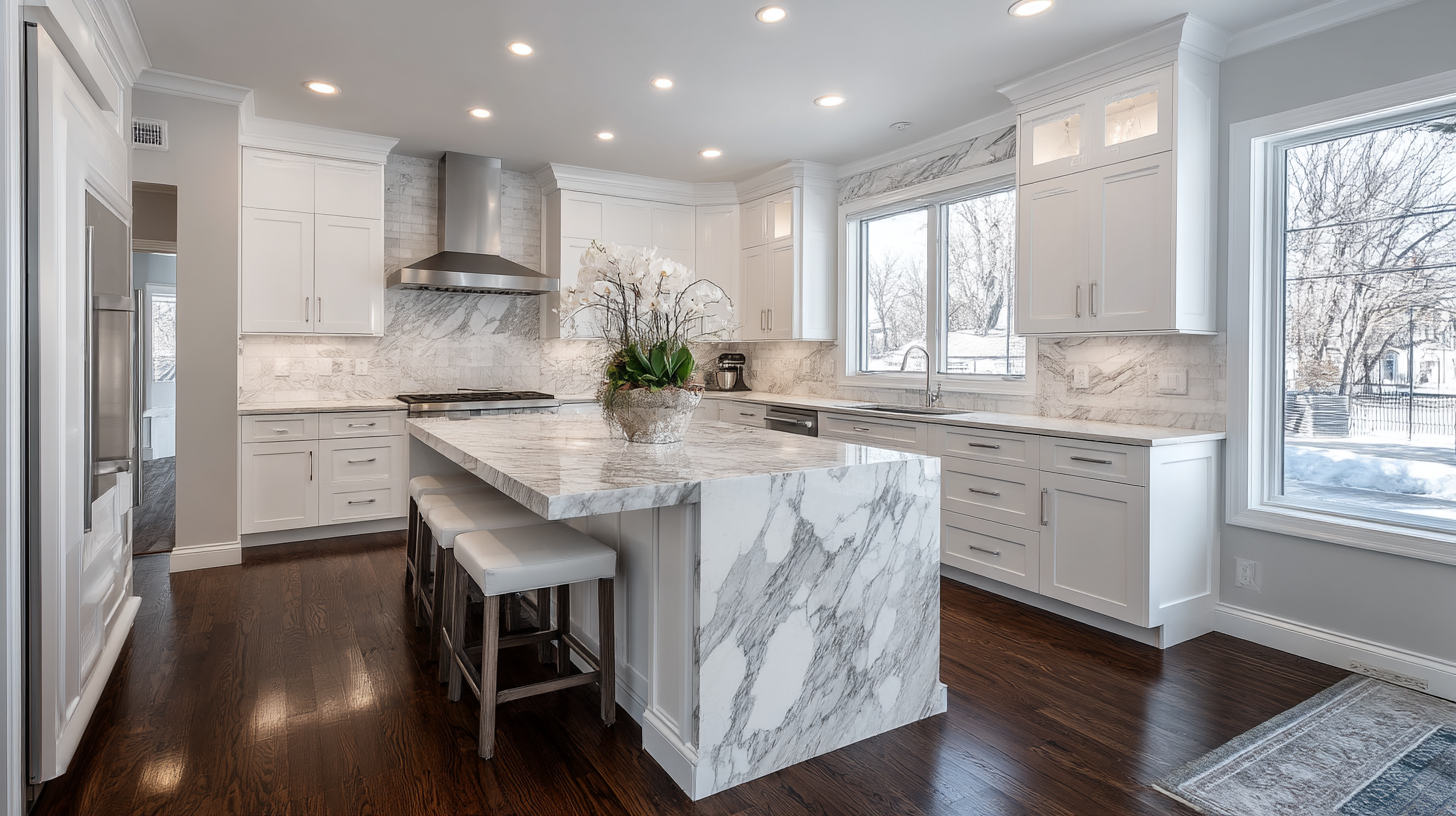 Kitchen Cabinet And Wood Floor Combinations: 15 Inspiring Ideas For A Cohesive Look Modern Kitchen With White Cabinets, Marble Countertops, And A Large Center Island.