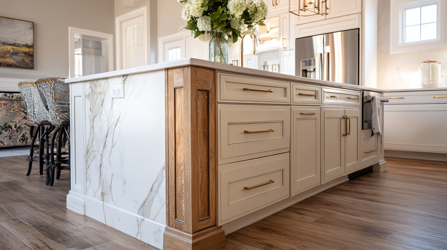 Kitchen Island With Marble Countertop And Decorative Paneling